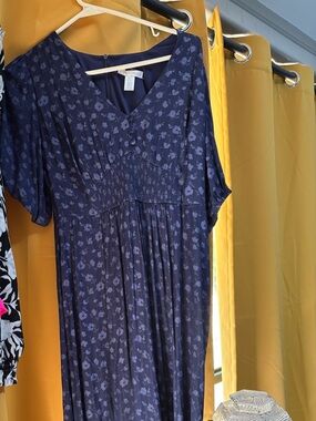 London Times Navy Floral Midi Dress with Lilac Print